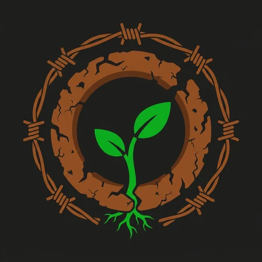 Nomans logo: a sapling growing through cracked earth inside barbed wire